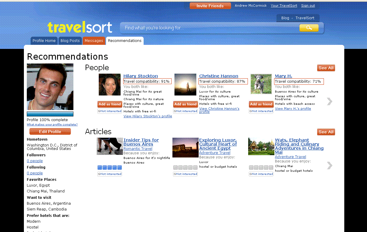 TravelSort's Personalized Recommendations for Andrew